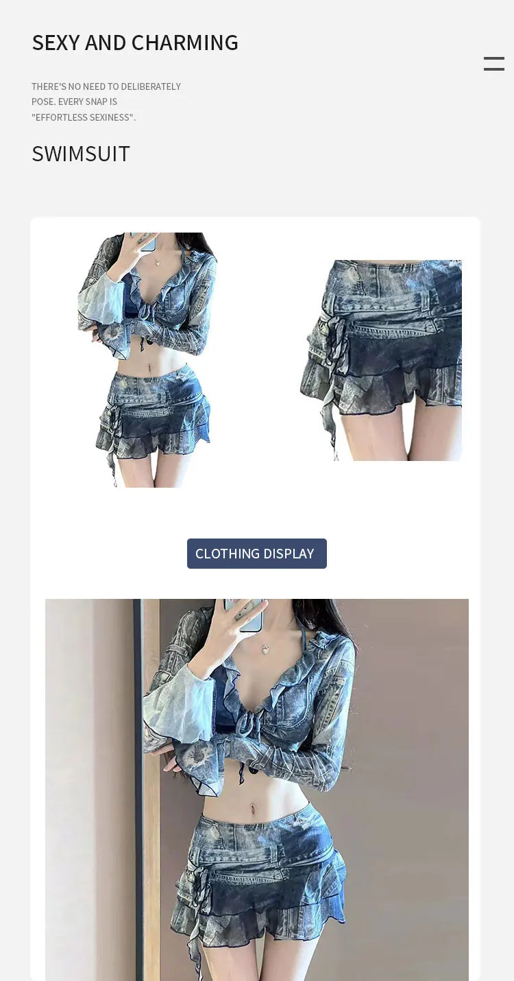 Bikini Swimsuit Fashion Retro Denim Blue Bikini Four Piece Women's Sexy Lingerie Spa Beach Vacation Slim Sexy Hottie Swimwear