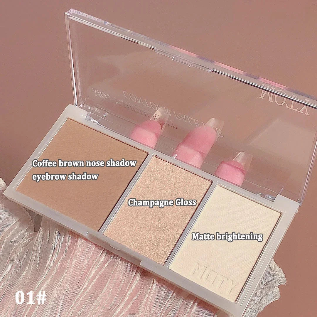 Beautiful presentation of the 3-Color Bronzer Contouring Palette, demonstrating important colors to use for a fantastic highlighter contouring kit.