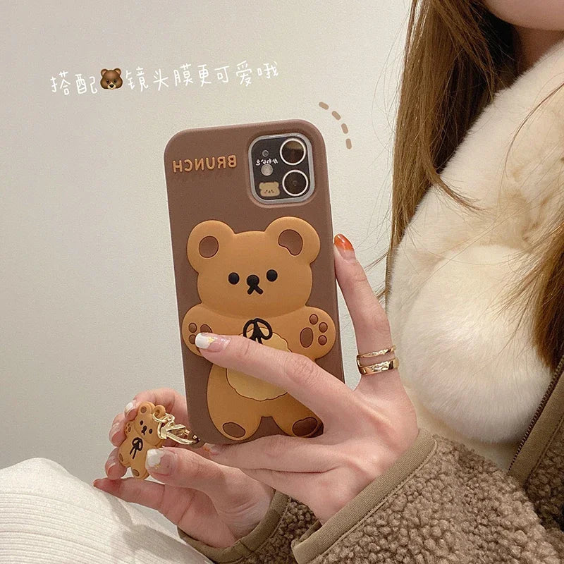Cartoon Cute 3D Bear Doll Pendant High Quality Silicone Cover for Iphone 15 14 13 12 11Pro MAX XS XR 7 8plus SE2020 Phone Case