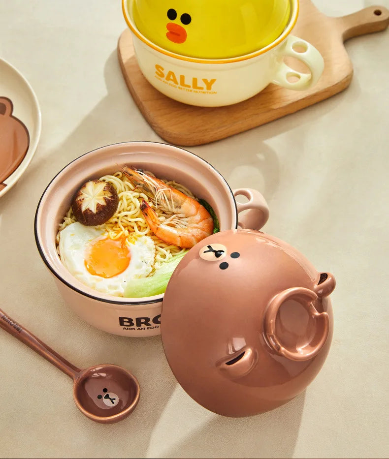 Anime Instant Noodle Bowl Line Friends Kawaii Girl Soup Bowl Portable Ceramic Rice Bowl Surrounding Good Looks Decorate Gift