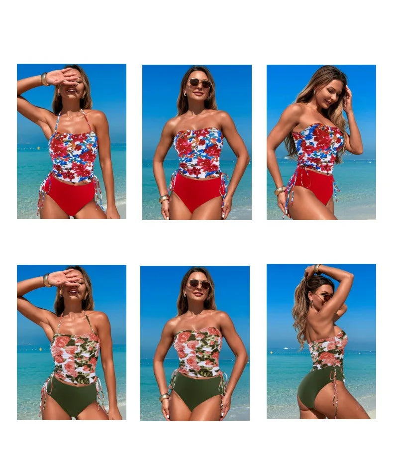 Bikinis 2025 Women 2pcs Bikini Set Floral Print Crop Top with Briefs Summer Beach Wear Swim Outfits  Swimming Bathing Suits