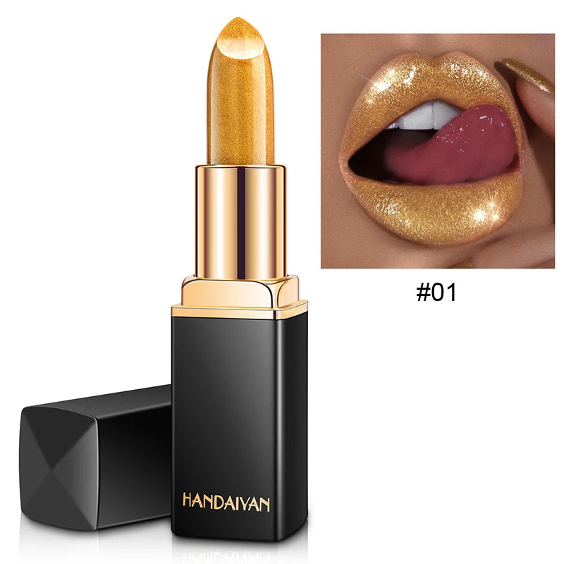 HANDAIYAN 9-Color Temperature-Changing Mermaid Lipstick enhancing a model's beauty in a fun setting.