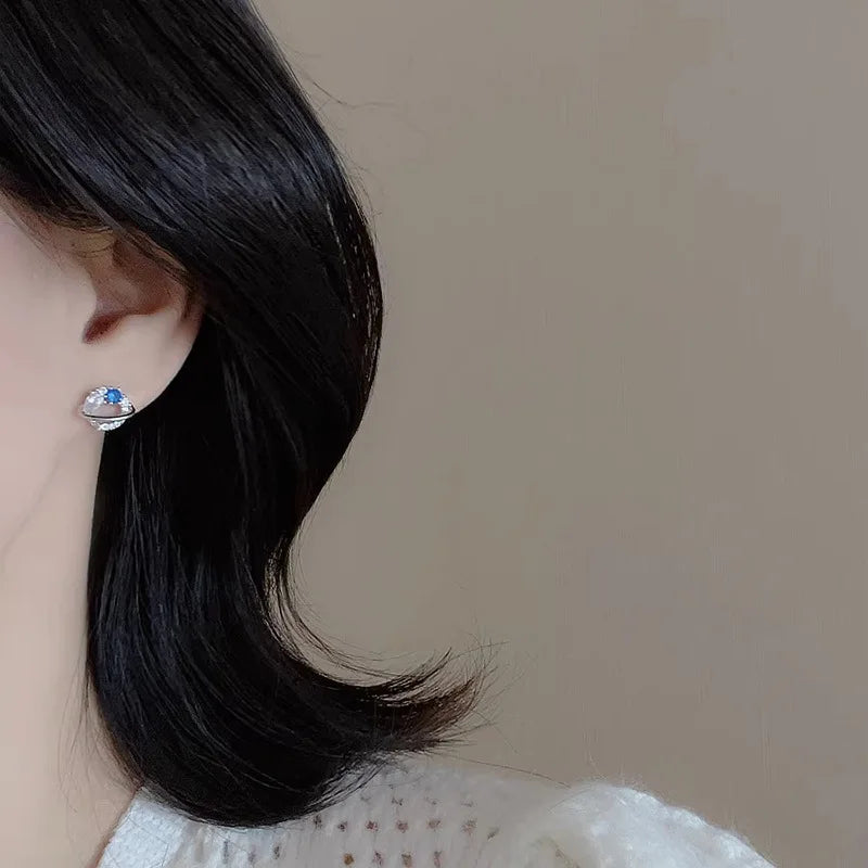 Fashion Blue Crystal Planet Astronaut Stud Earrings Set for Women Exquisite Sweet Zircon Earrings Party Jewelry Gifts