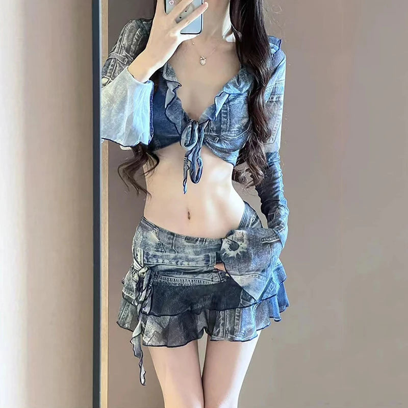 Bikini Swimsuit Fashion Retro Denim Blue Bikini Four Piece Women's Sexy Lingerie Spa Beach Vacation Slim Sexy Hottie Swimwear