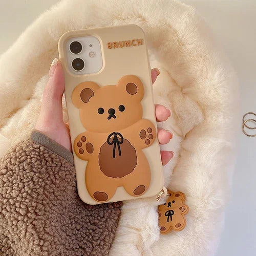 Cartoon Cute 3D Bear Doll Pendant High Quality Silicone Cover for Iphone 15 14 13 12 11Pro MAX XS XR 7 8plus SE2020 Phone Case