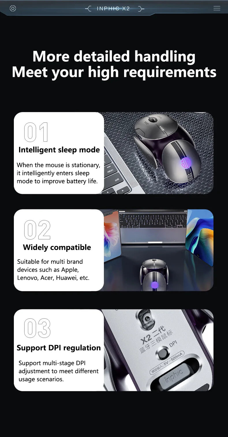 Inphic X2 Silent Bluetooth Mouse Metal Base Rechargeable Wireless Gaming Mouse For Computer Laptop Office Game