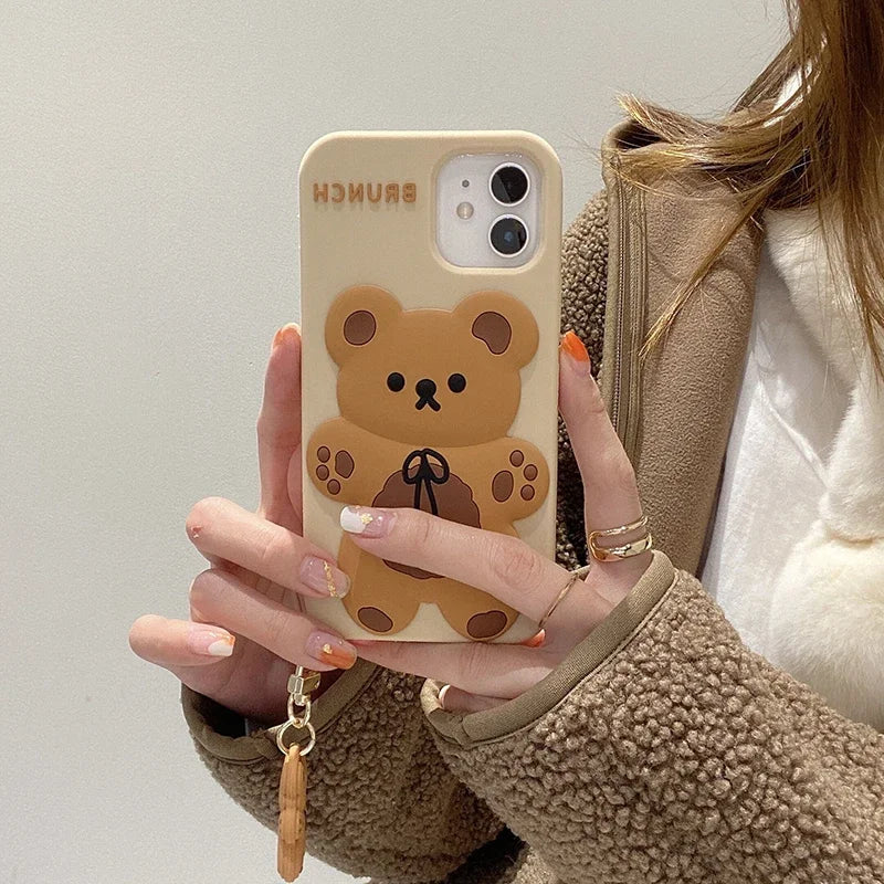 Cartoon Cute 3D Bear Doll Pendant High Quality Silicone Cover for Iphone 15 14 13 12 11Pro MAX XS XR 7 8plus SE2020 Phone Case