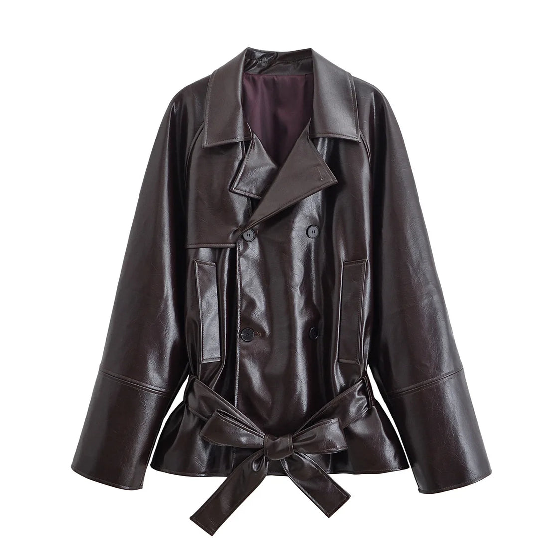 Women's clothing 2025 early autumn new fashionable simple temperament belt lapel imitation leather windbreaker