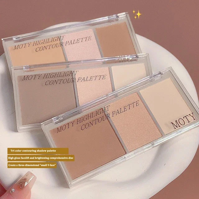 Different angles of the 3-Color Bronzer Contouring Palette Face, useful for sculpting your makeup look with this highlighter contouring kit.