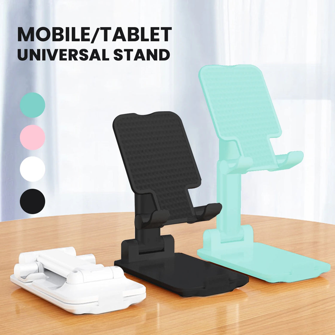 Adjustable Universal Desktop Phone Holder Stand showing sleek white design on a wooden desk.