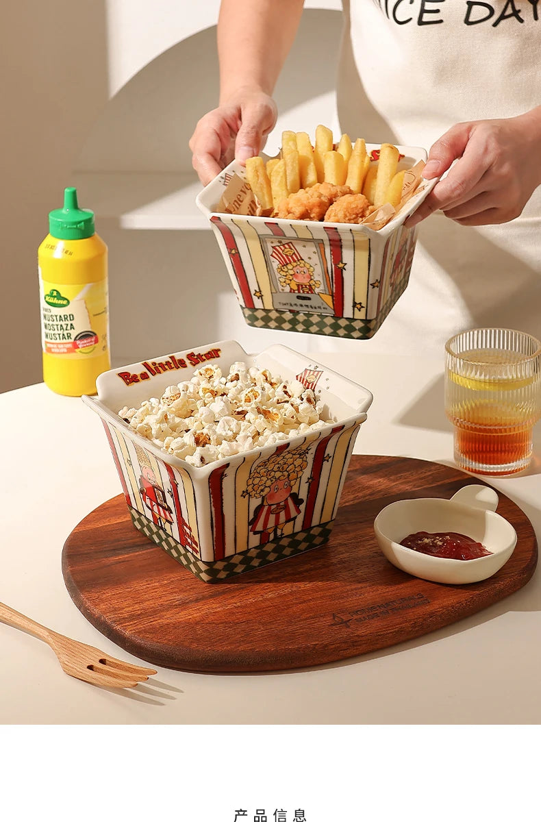 Popcorn , ceramic cute fruit, high-value Internet celebrity instant noodle, French fries children's snack bowl