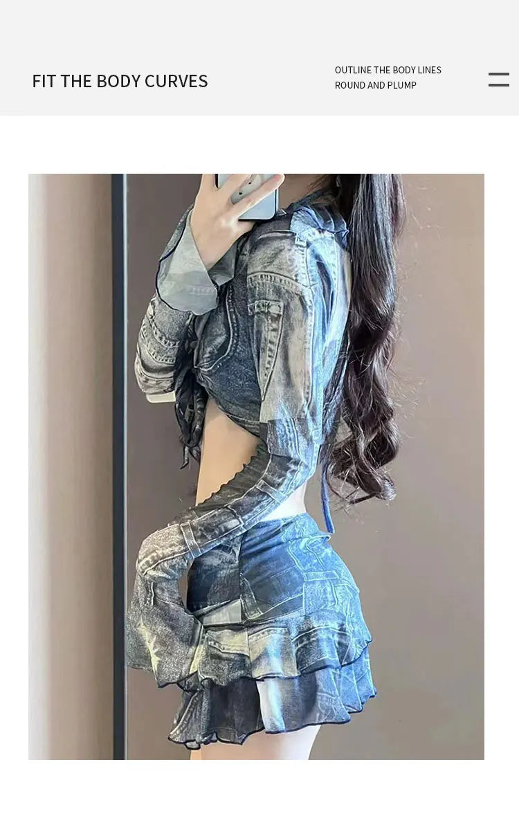 Bikini Swimsuit Fashion Retro Denim Blue Bikini Four Piece Women's Sexy Lingerie Spa Beach Vacation Slim Sexy Hottie Swimwear