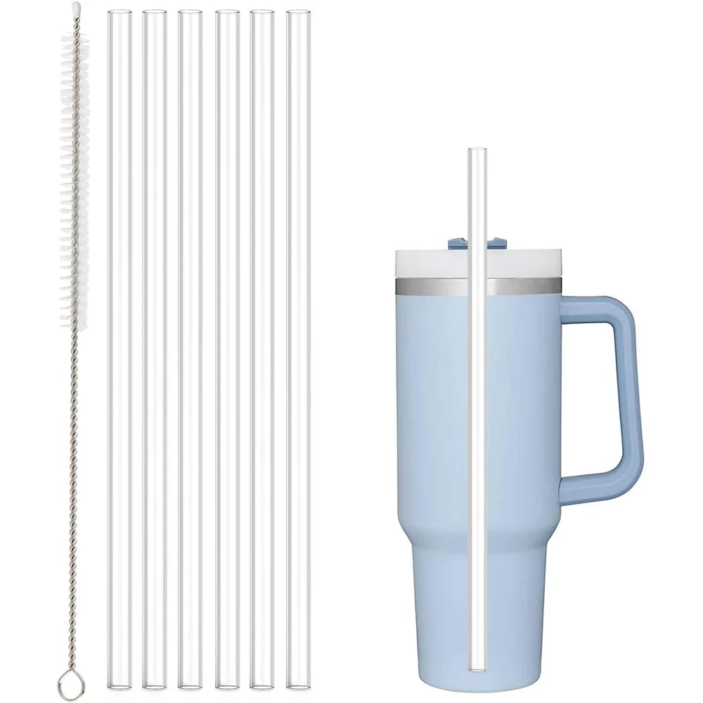 30cm 6 pcs Reusable Straw with Cleaning Brush, Plastic, Clear,Replacement Straw Compatible for Stanley 40 oz 30 oz Cup Tumbler