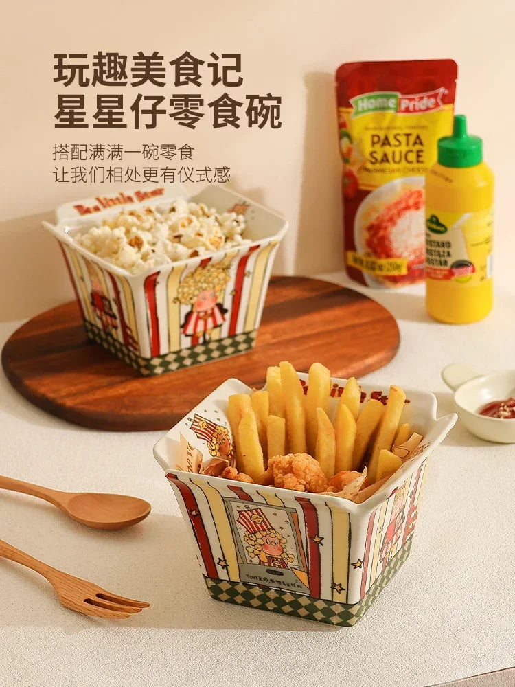 Popcorn , ceramic cute fruit, high-value Internet celebrity instant noodle, French fries children's snack bowl