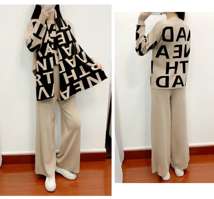 women's Clothing Autumn Winter Women Knited Letter Sweater + Pants + Cape Scarf 3PCS Suits Cappa Wraps Wide Leg Trousers Sets