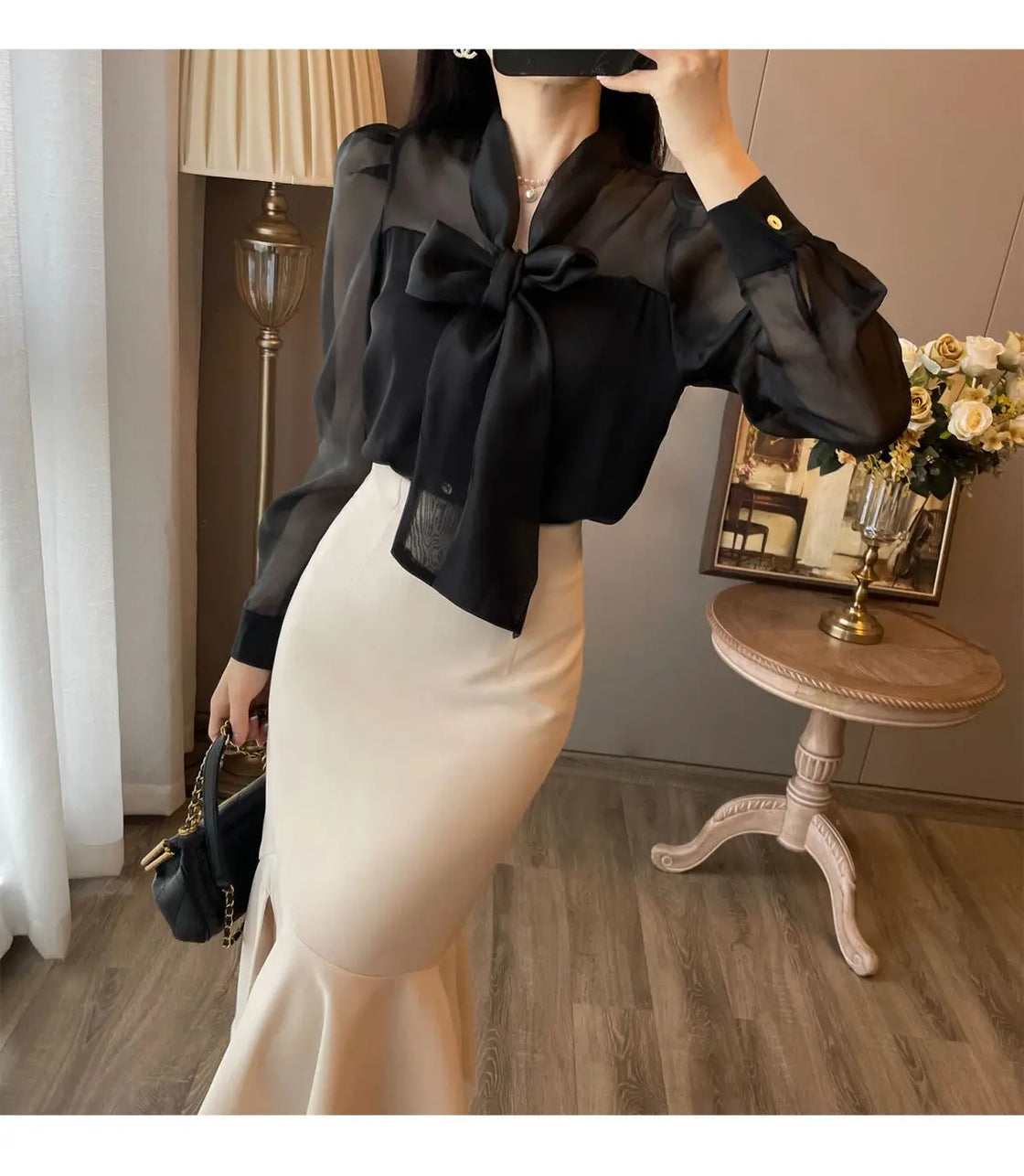 Women Clothing Temperament Chiffon Bow Lacing Thin Shirt Tops Spring Summer New Long Sleeve Solid Elegant Blouse Sexy Fashion