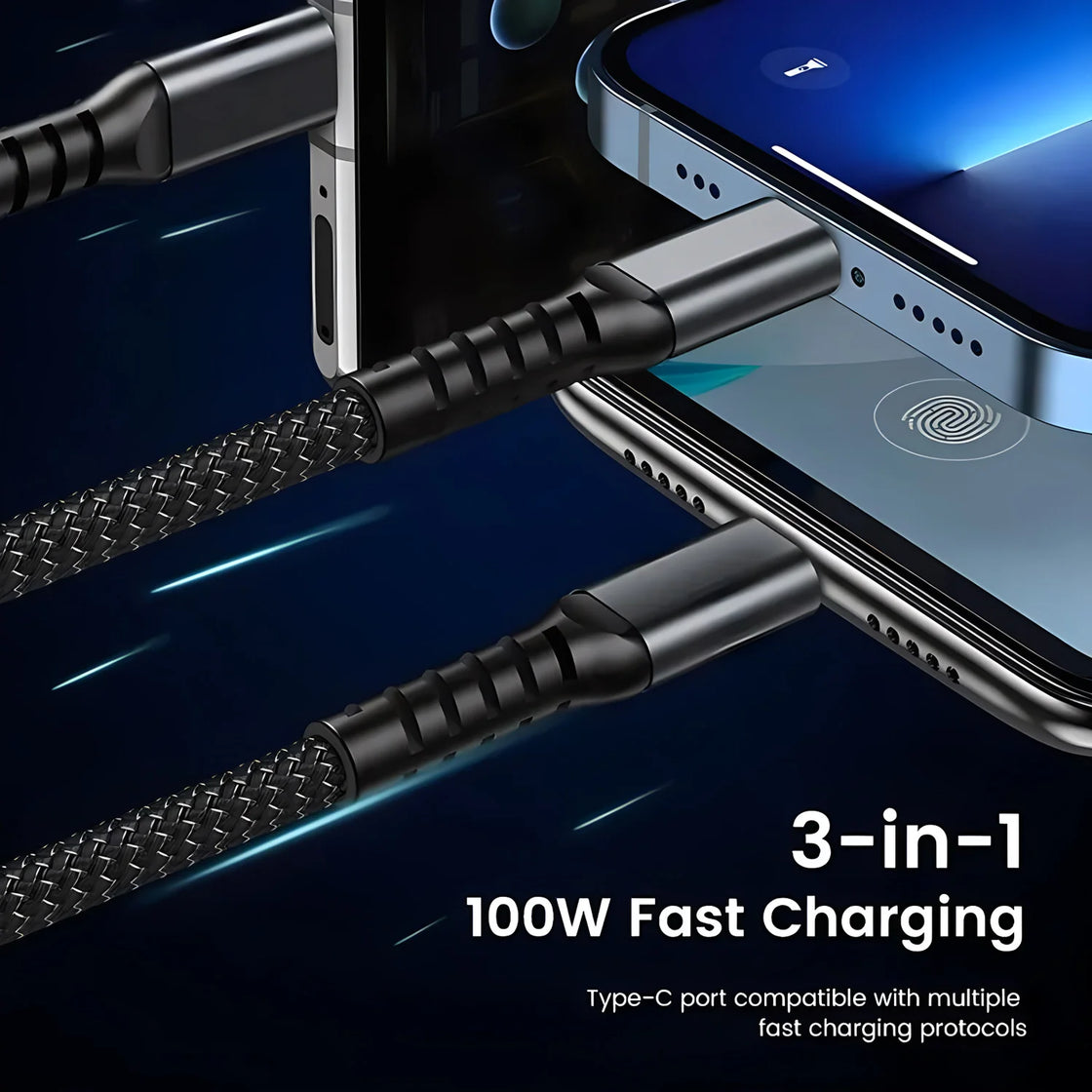 Durability of the 100W 3-In-1 Fast Charging Cable shown, featuring a strong nylon braided exterior.