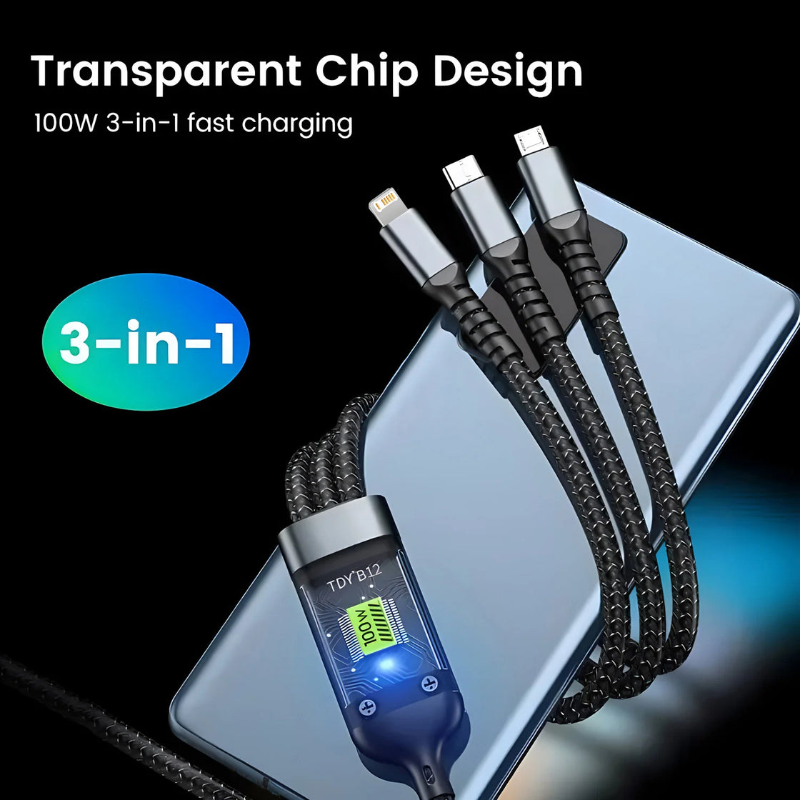 Versatile 100W 3-In-1 Fast Charging Cable illustrated with multiple device connectors for fast charging.