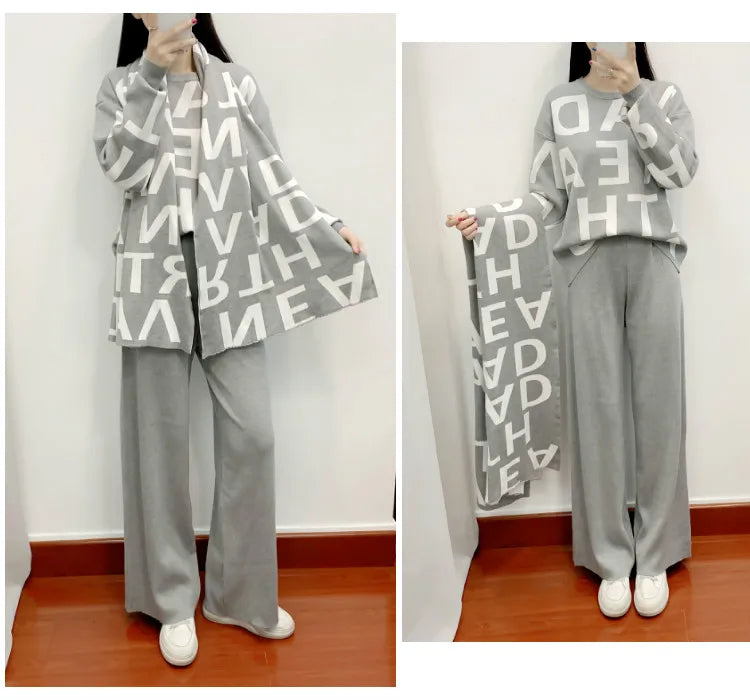 women's Clothing Autumn Winter Women Knited Letter Sweater + Pants + Cape Scarf 3PCS Suits Cappa Wraps Wide Leg Trousers Sets