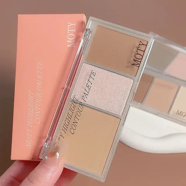 Showcasing the 3-Color Bronzer Contouring Palette and its illumination effects; essential tool for every makeup artist and a key component of this highlighter contouring kit.