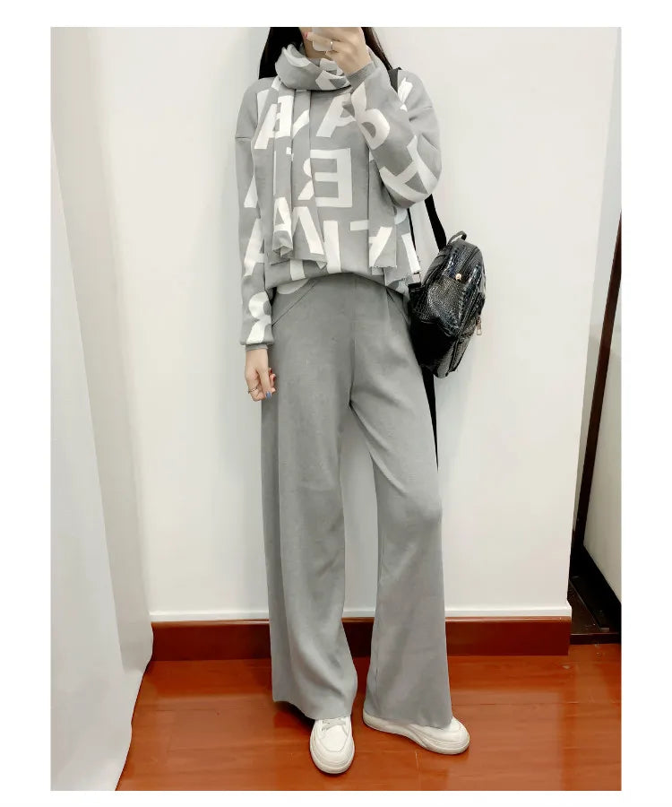 women's Clothing Autumn Winter Women Knited Letter Sweater + Pants + Cape Scarf 3PCS Suits Cappa Wraps Wide Leg Trousers Sets