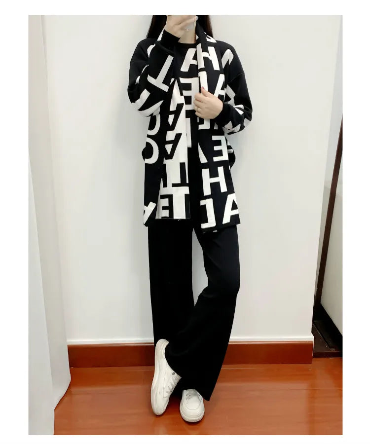 women's Clothing Autumn Winter Women Knited Letter Sweater + Pants + Cape Scarf 3PCS Suits Cappa Wraps Wide Leg Trousers Sets