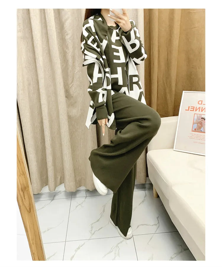 women's Clothing Autumn Winter Women Knited Letter Sweater + Pants + Cape Scarf 3PCS Suits Cappa Wraps Wide Leg Trousers Sets