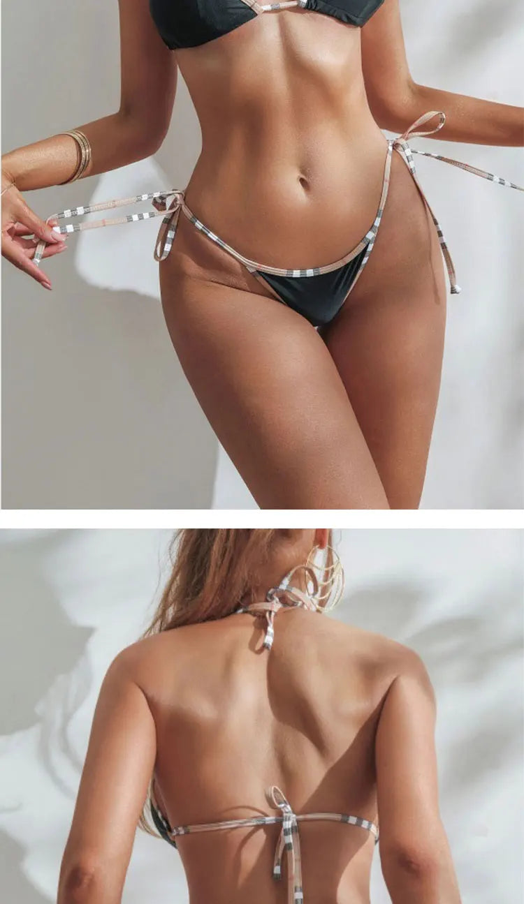 Designer Check Print Bikini Set