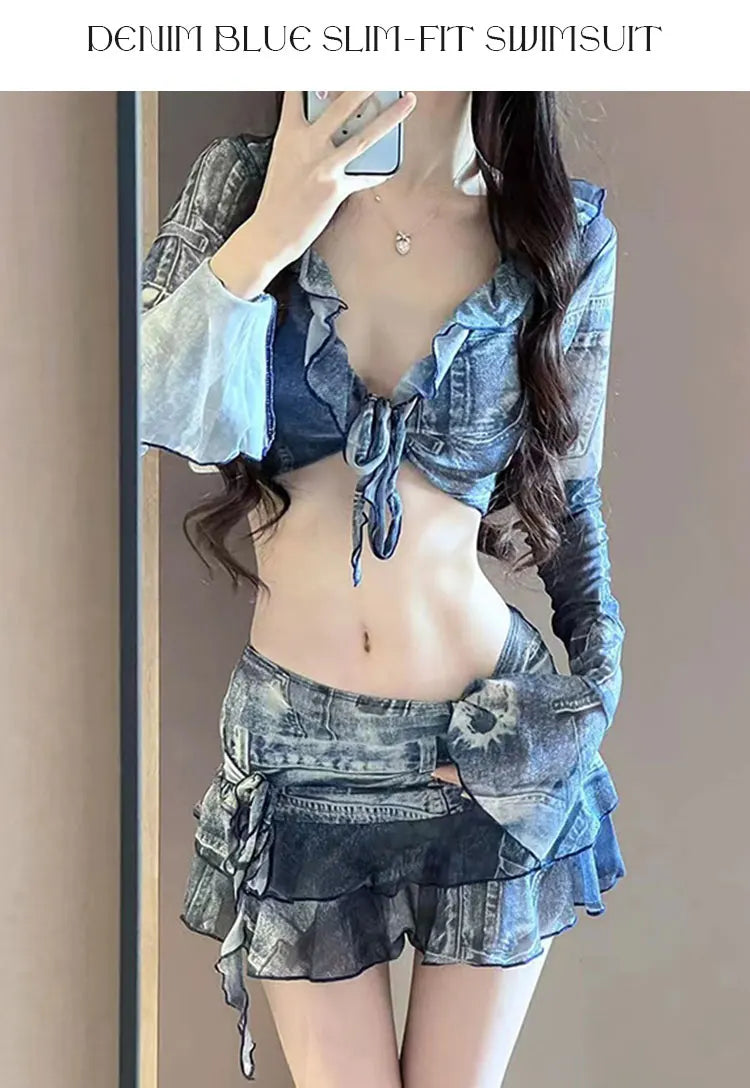 Bikini Swimsuit Fashion Retro Denim Blue Bikini Four Piece Women's Sexy Lingerie Spa Beach Vacation Slim Sexy Hottie Swimwear