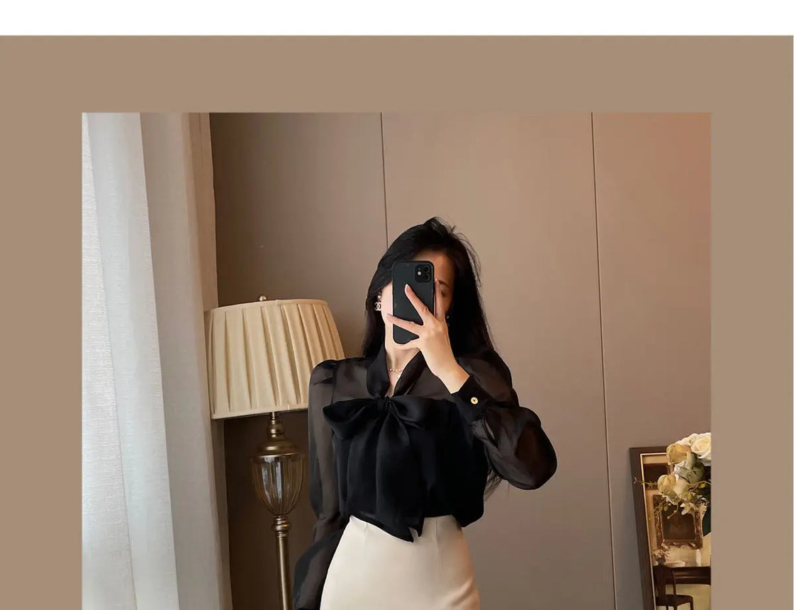 Women Clothing Temperament Chiffon Bow Lacing Thin Shirt Tops Spring Summer New Long Sleeve Solid Elegant Blouse Sexy Fashion