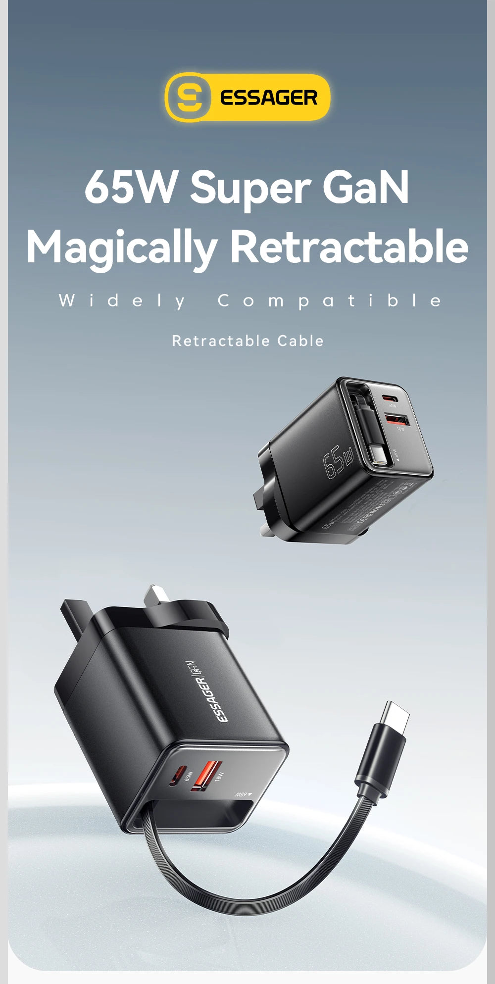 Essager 65W GaN Charger with Retractable Cable PD Fast Charging for Laptop Macbook iPhone 16 15 14 Xiaomi Type-C Phone Charger