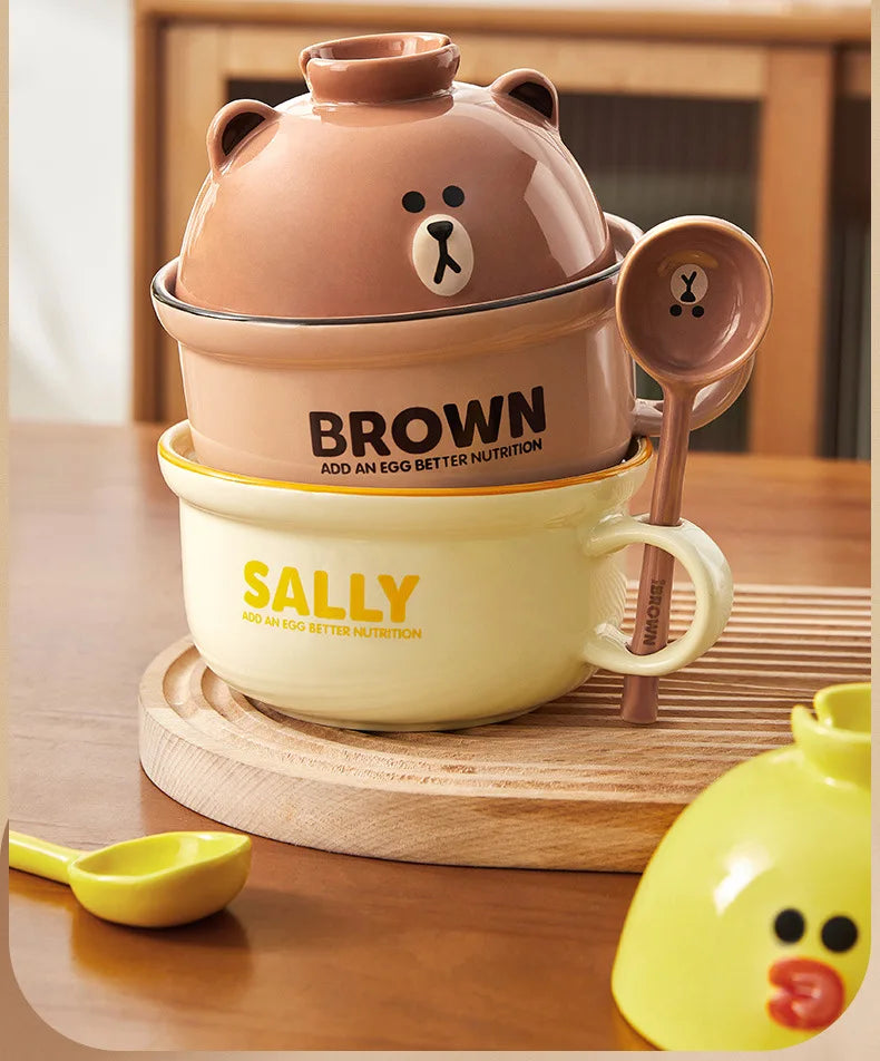 Anime Instant Noodle Bowl Line Friends Kawaii Girl Soup Bowl Portable Ceramic Rice Bowl Surrounding Good Looks Decorate Gift