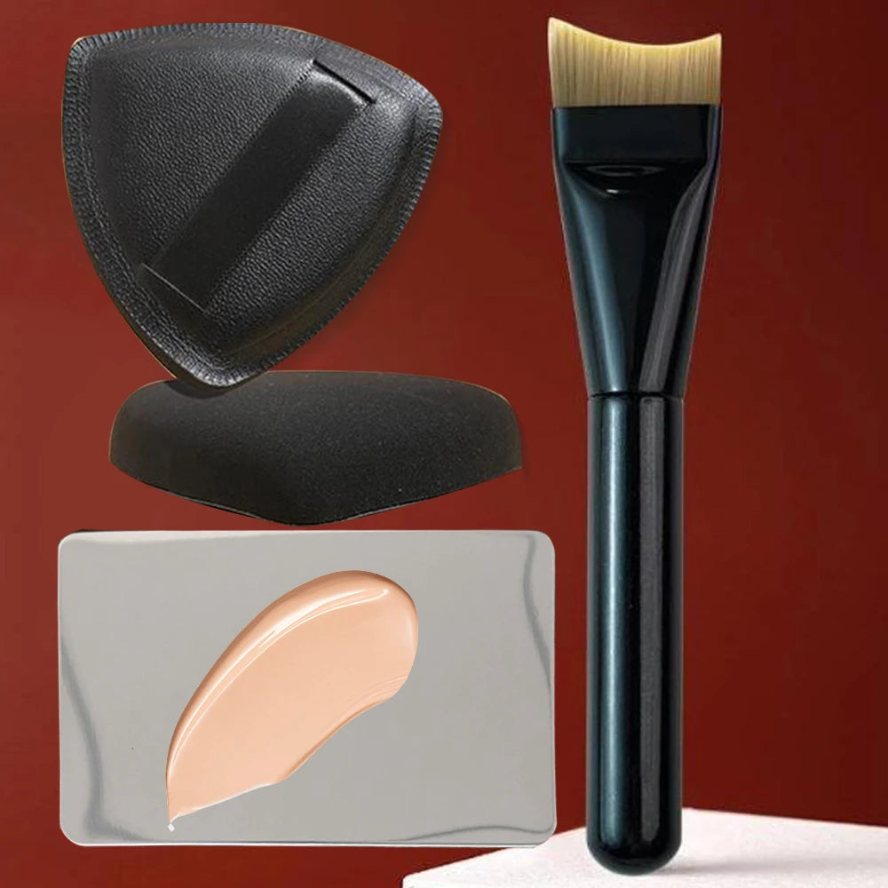 User demonstrating the ease of use of the 3pcs Foundation Makeup Tools Kit - A must-have for portable makeup tools.