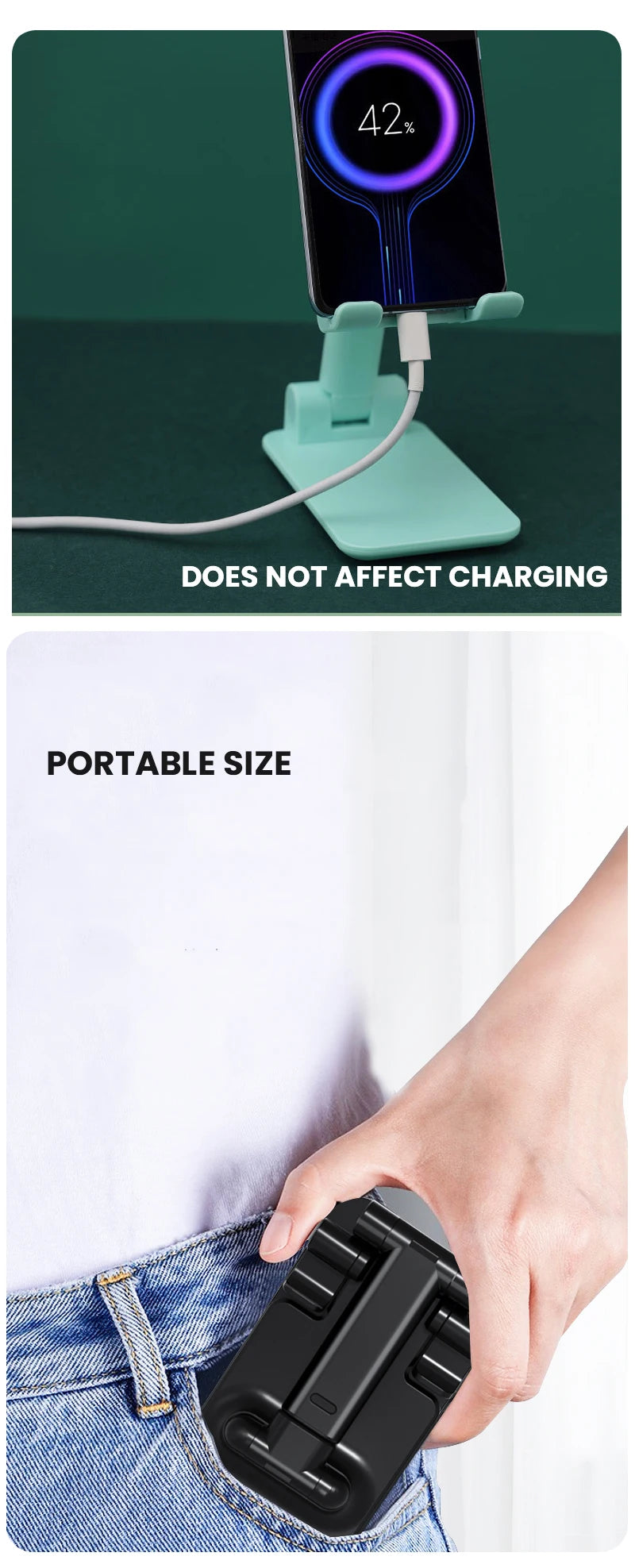 Adjustable Universal Desktop Phone Holder Stand positioned in a living room for casual phone use.