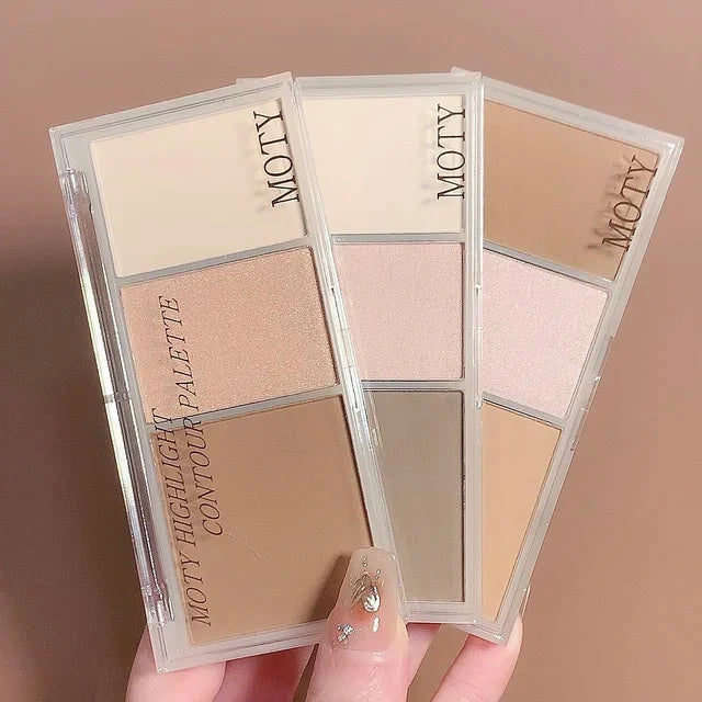 Dynamic shots of the 3-Color Bronzer Contouring Palette, highlighting shades for contouring and highlighting within our highlighter contouring kit.