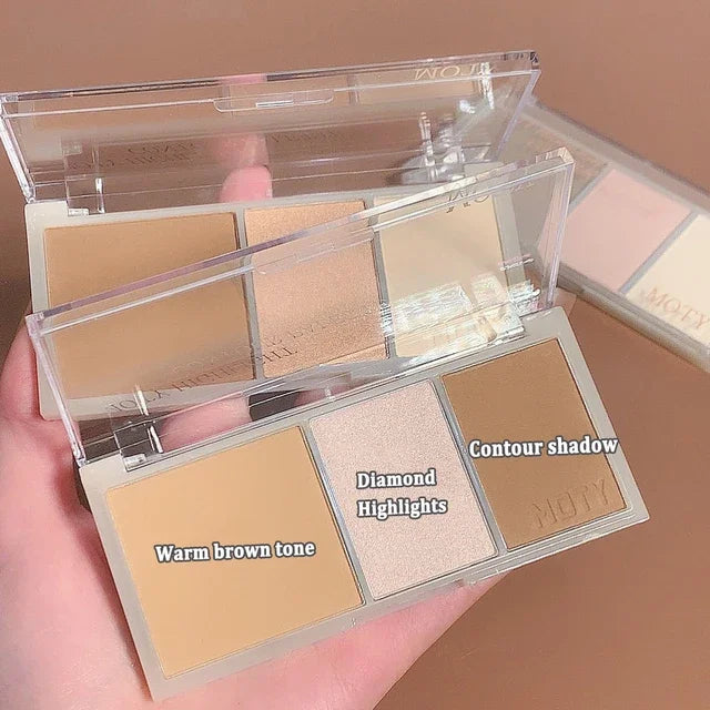 Highlighting the natural glow with the 3-Color Bronzer Contouring Palette Face, a must-have in your highlighter contouring kit for a flawless complexion.