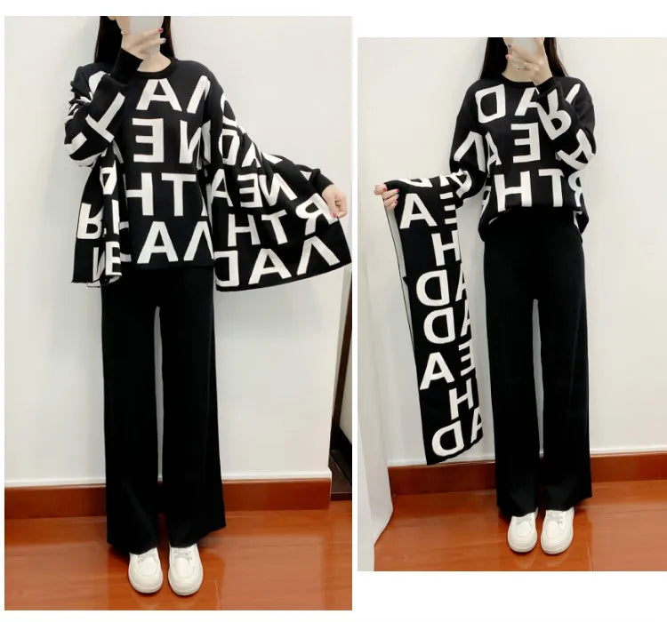 women's Clothing Autumn Winter Women Knited Letter Sweater + Pants + Cape Scarf 3PCS Suits Cappa Wraps Wide Leg Trousers Sets