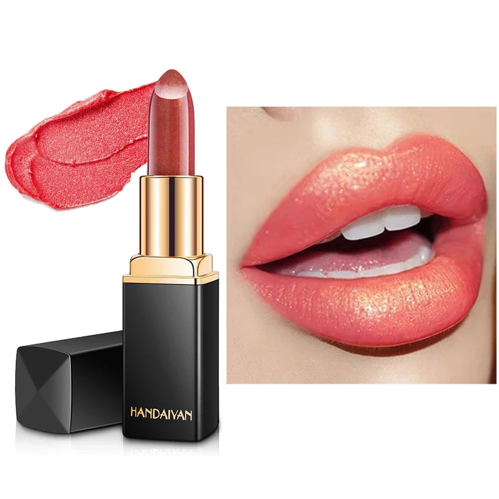 HANDAIYAN 9-Color Temperature-Changing Mermaid Lipstick swatched on a model's lips.