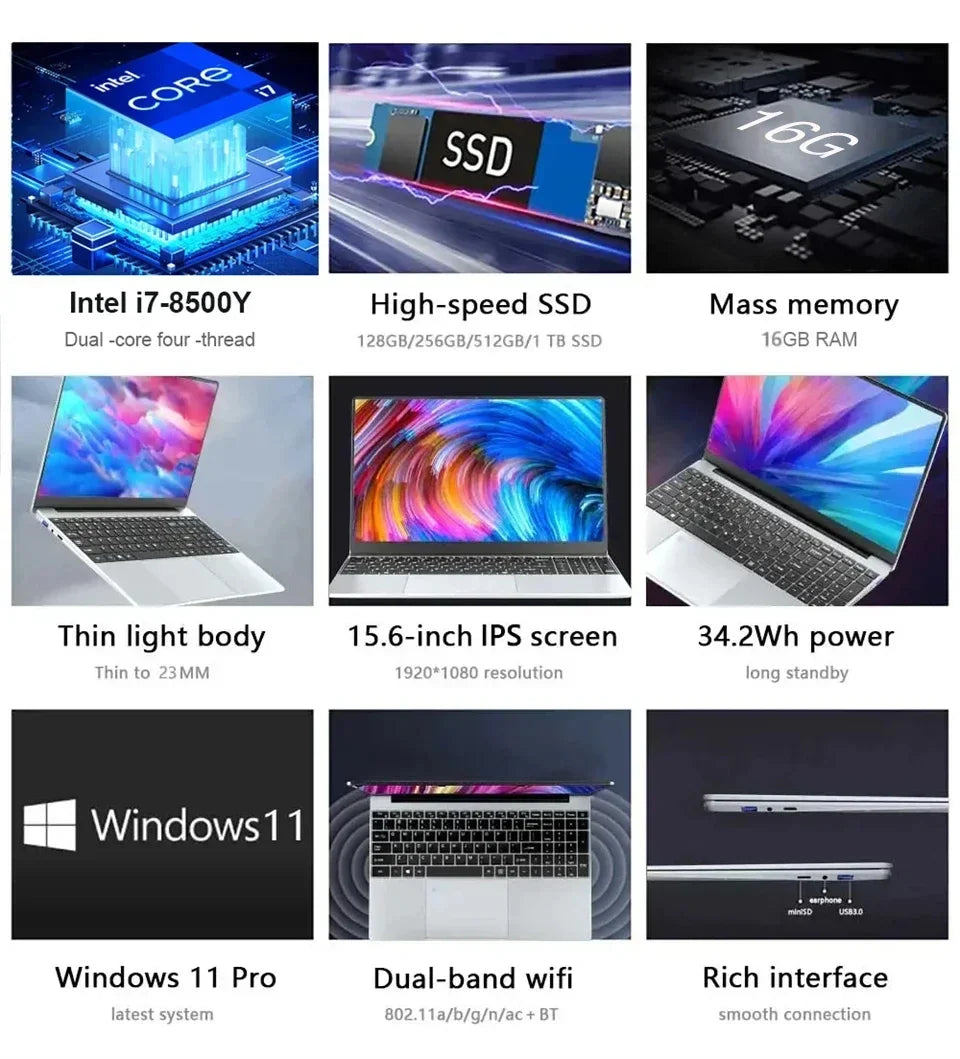 Windows 11 Pro Fingerprint UnIock Notebook 15.6 inch Laptop Computer PC Gamer Intel Core i7 8500Y Office Study Gaming Laptops i7