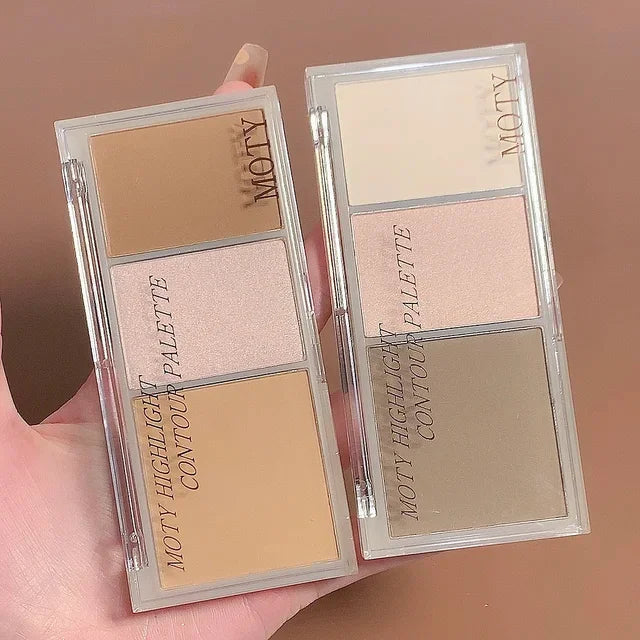 3-Color Bronzer Contouring Palette with swatches of Matte Brown Coffee, High Gloss Illuminator and other shades; essential to your highlighter contouring kit.