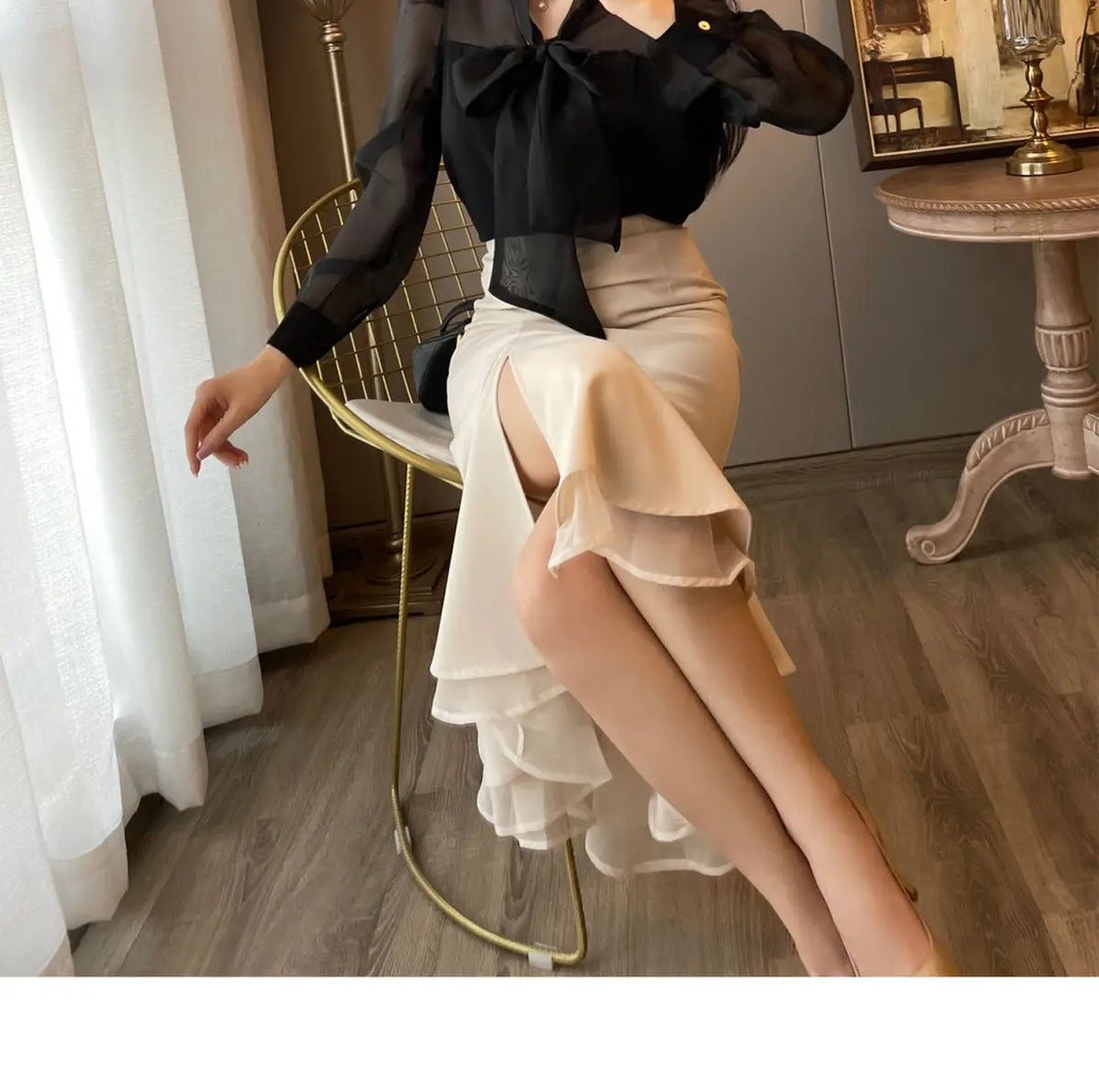 Women Clothing Temperament Chiffon Bow Lacing Thin Shirt Tops Spring Summer New Long Sleeve Solid Elegant Blouse Sexy Fashion