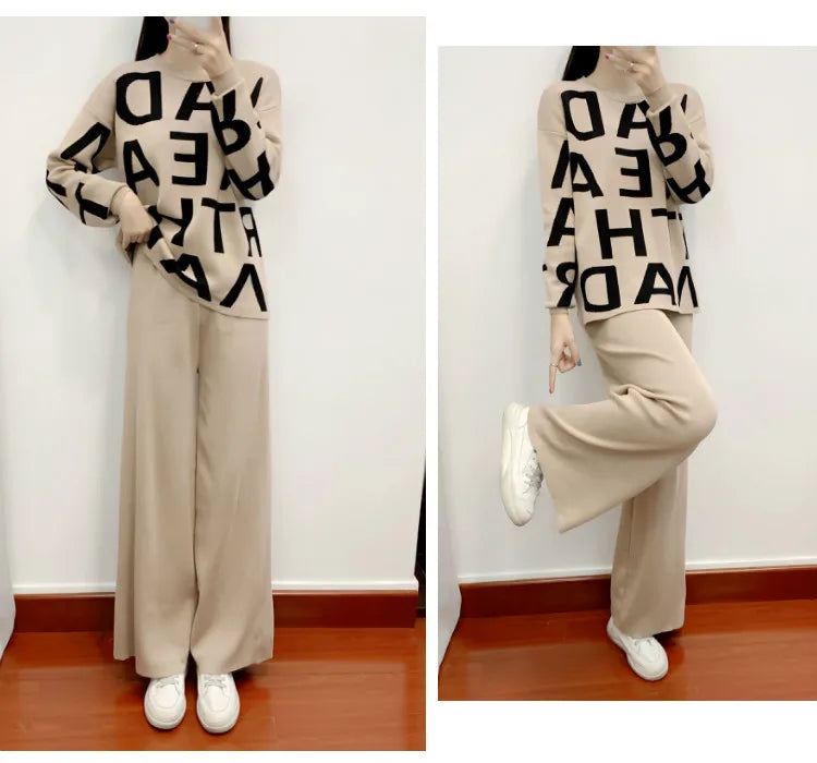 women's Clothing Autumn Winter Women Knited Letter Sweater + Pants + Cape Scarf 3PCS Suits Cappa Wraps Wide Leg Trousers Sets