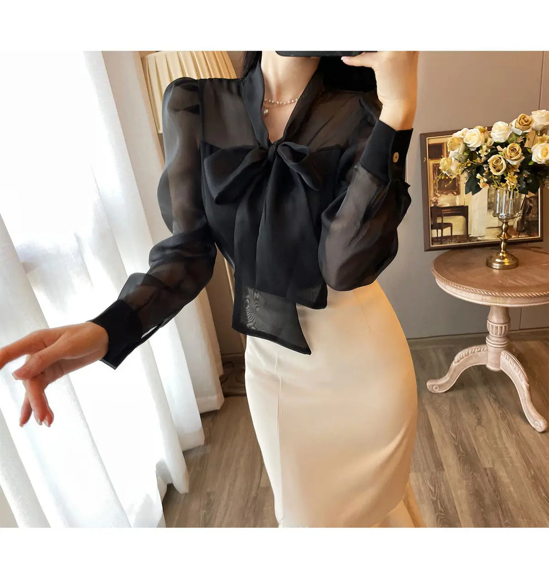 Women Clothing Temperament Chiffon Bow Lacing Thin Shirt Tops Spring Summer New Long Sleeve Solid Elegant Blouse Sexy Fashion