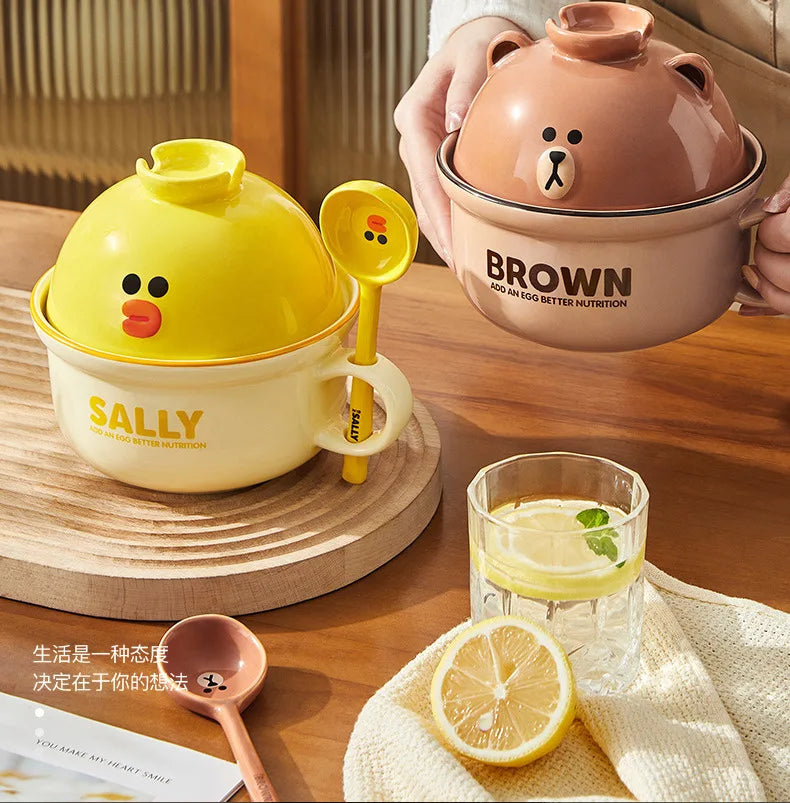 Anime Instant Noodle Bowl Line Friends Kawaii Girl Soup Bowl Portable Ceramic Rice Bowl Surrounding Good Looks Decorate Gift