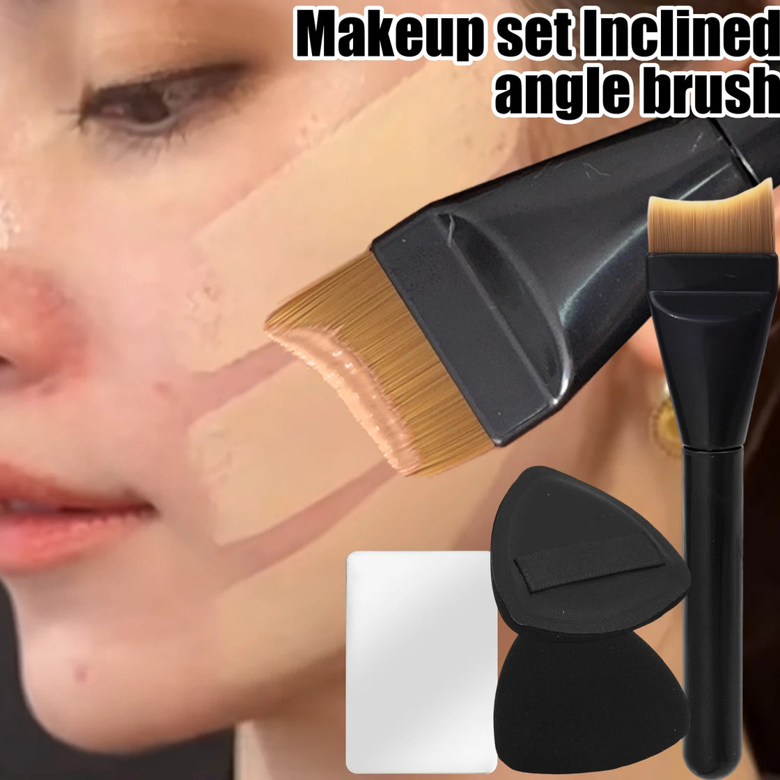 Close-up of the Crescent Foundation Brush from the 3pcs Foundation Makeup Tools Kit - Perfect portable makeup tools for seamless application.