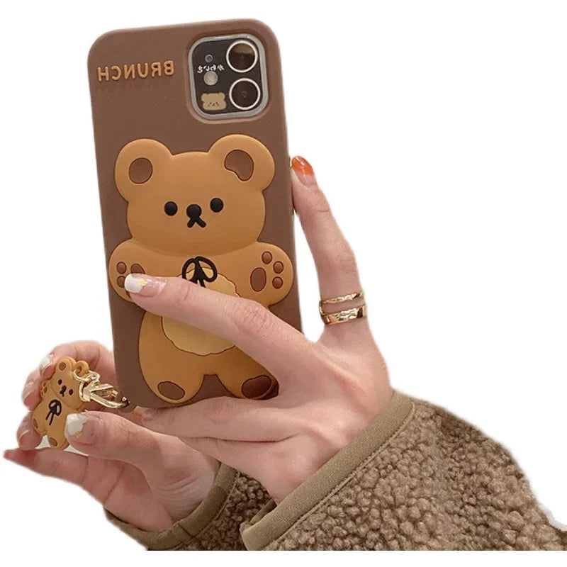 Cartoon Cute 3D Bear Doll Pendant High Quality Silicone Cover for Iphone 15 14 13 12 11Pro MAX XS XR 7 8plus SE2020 Phone Case