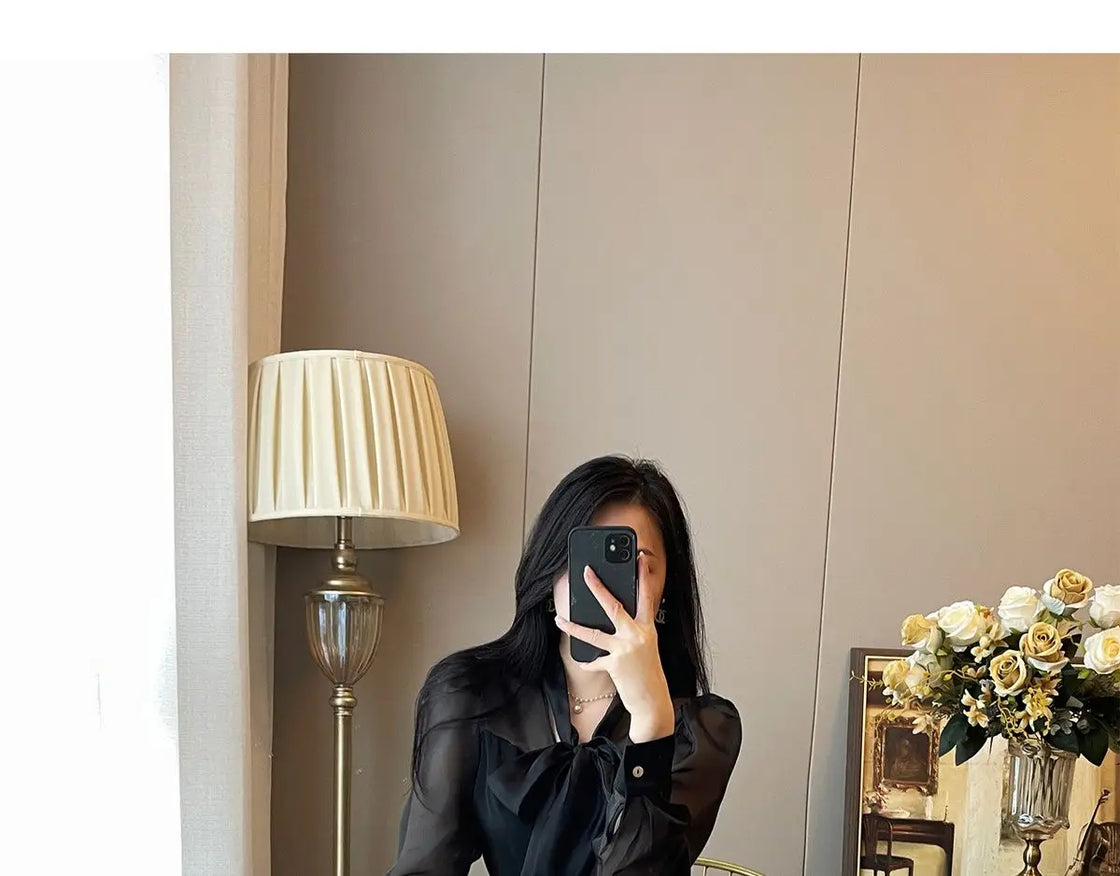 Women Clothing Temperament Chiffon Bow Lacing Thin Shirt Tops Spring Summer New Long Sleeve Solid Elegant Blouse Sexy Fashion