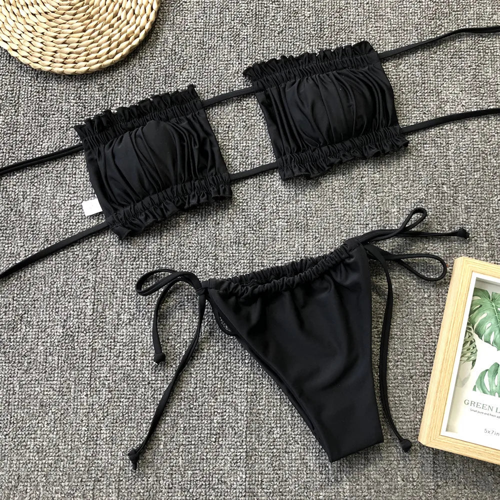 Pleated Bandeau Thong Bikini Set