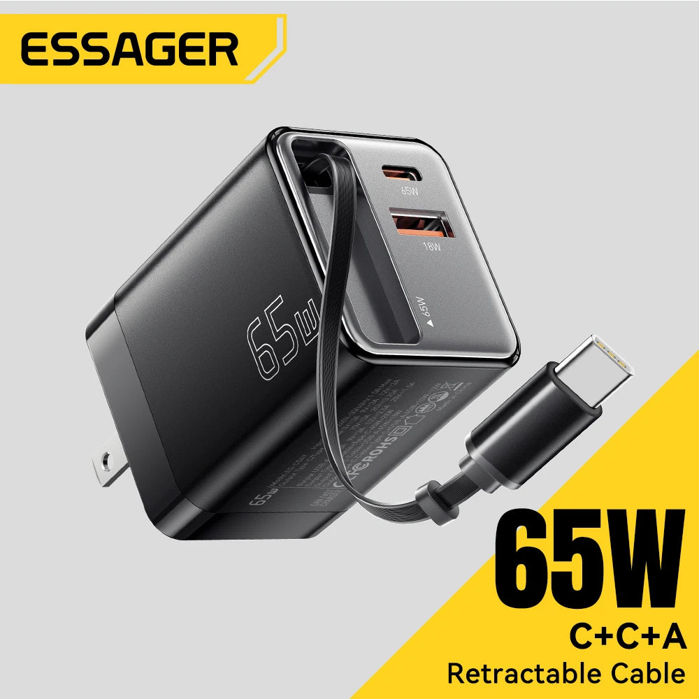 Essager 65W GaN Charger with Retractable Cable PD Fast Charging for Laptop Macbook iPhone 16 15 14 Xiaomi Type-C Phone Charger