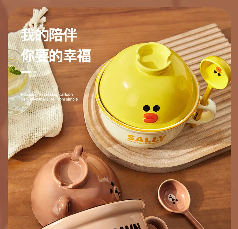 Anime Instant Noodle Bowl Line Friends Kawaii Girl Soup Bowl Portable Ceramic Rice Bowl Surrounding Good Looks Decorate Gift